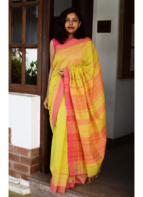 Yellow, Handwoven Organic Cotton, Textured Weave , Jacquard, Work Wear Saree